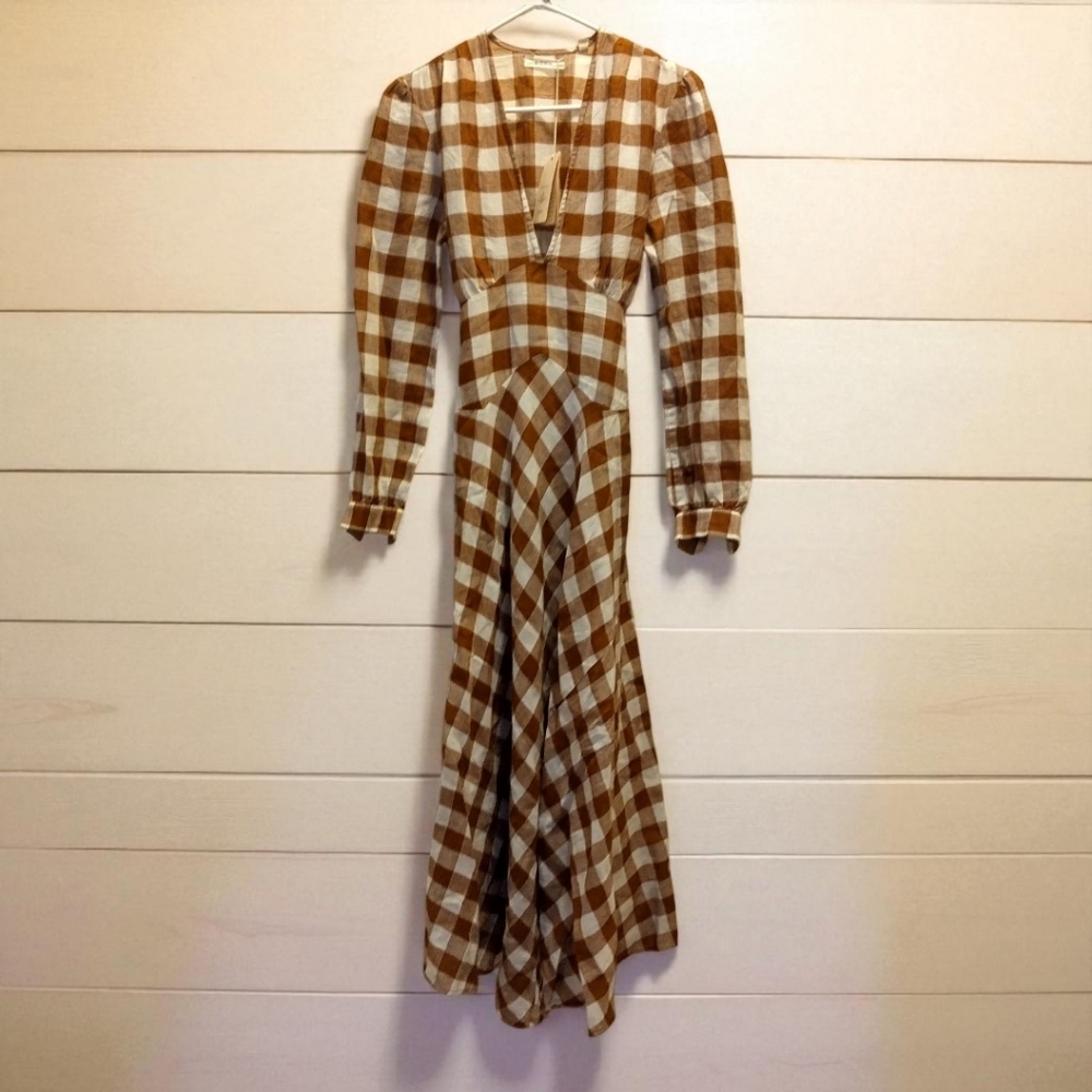 Doen Brown and White Plaid Long Sleeve Dress